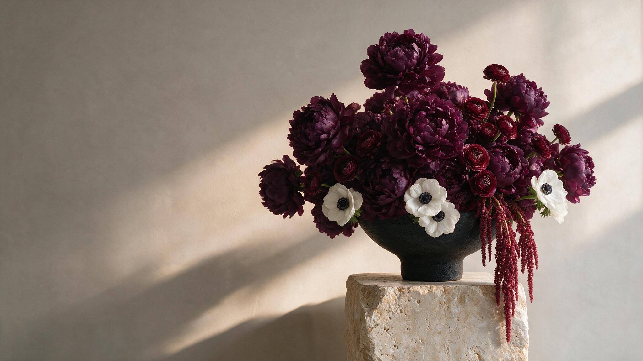 Arreglo floral de peonías borgoña y anémonas blancas de Lunbaldi Fiore